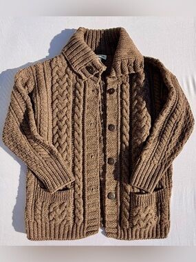 Orvis XL Made in Ireland 100% Merino Wool Cable Knit Sweater Aran Soft Pockets